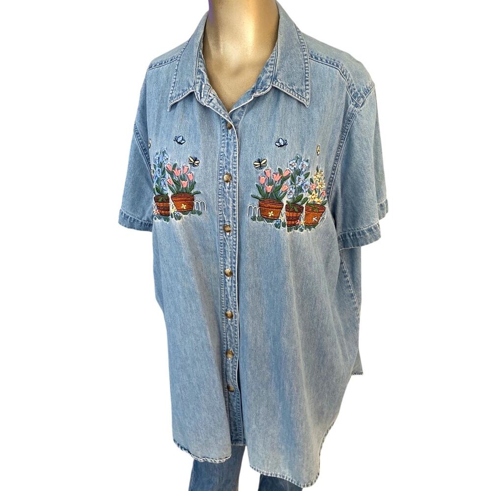 Vintage Just My Size Embroidered Potted Flowers Denim Shirt Women 14W/16W
